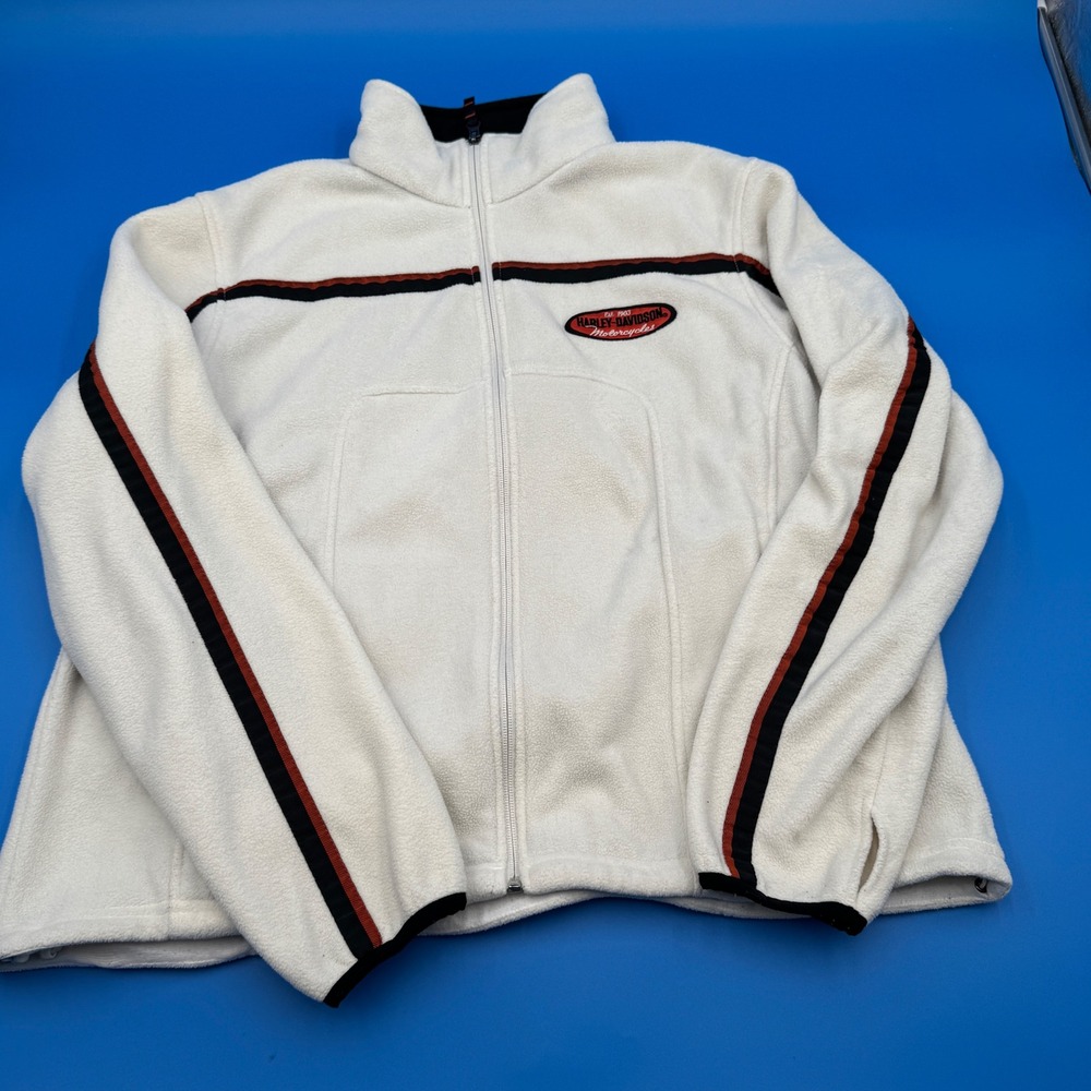 Harley Davidson Motorcycles Fleece Jacket White Blck Red Stripes Full Zip Wmn 1W